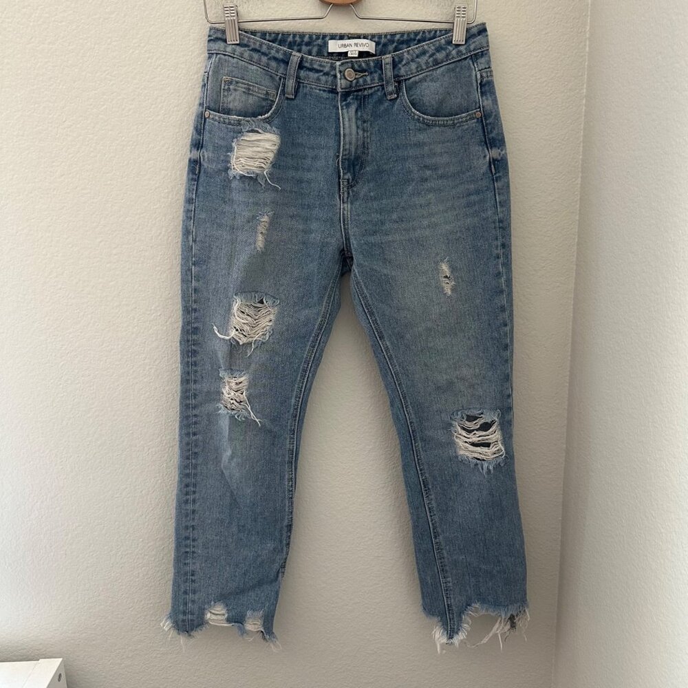 Urban Revivo Distressed Straight Leg Jeans Split Raw Hem Zip Button Closure Blue
